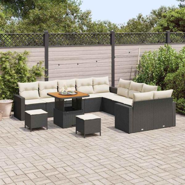 13-teiliges Garten Sofa Set mit Kissen Schwarz Poly Rattan Akazie, 3-teiliges Garten Ess-Set mit Kissen Schwarz Poly Rattan Akazie