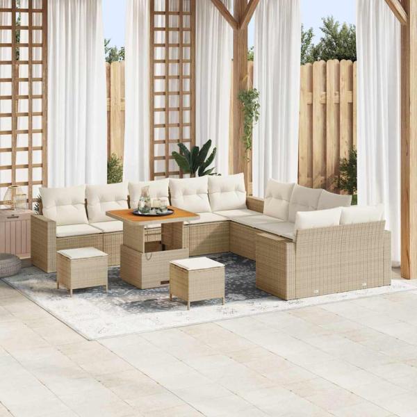ARDEBO.de - 13 Teile Garten Sofa Set mit Kissen Beige Poly Rattan Akazie, 3 Teile Garten Esstisch Set mit Kissen Beige Poly Rattan Akazie