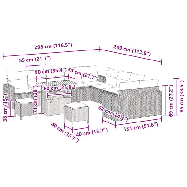 13-teilige Garten-Sofa Set mit Kissen Schwarz Poly-Rattan Akazie, 3-teiliges Garten-Esstisch Set mit Kissen Schwarz Poly-Rattan Akazie