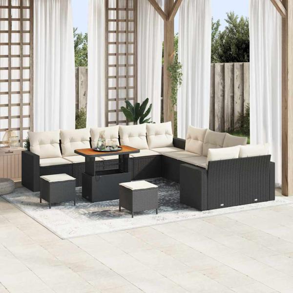 ARDEBO.de - 13-teilige Garten Sofa Set mit Kissen Schwarz Poly Rattan Akazie, 3-teilige Garten Essgruppe mit Kissen Schwarz Poly Rattan Akazie