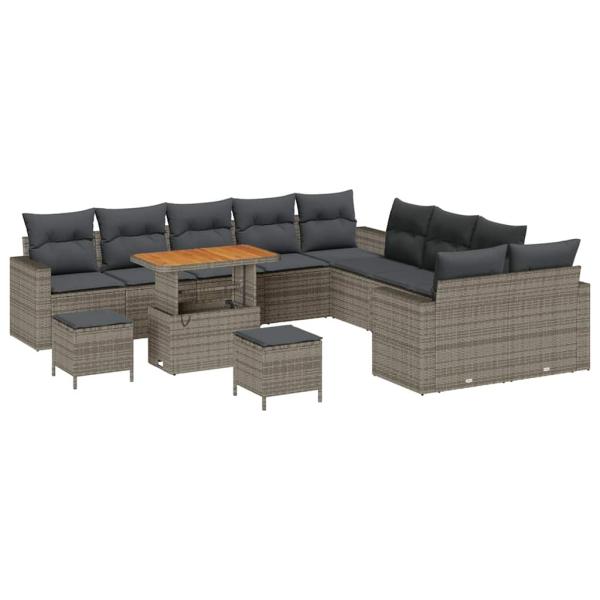 13-teiliges Garten Sofa Set mit Kissen Grau Poly Rattan Akazie, 3-teiliges Garten Esstisch Set mit Kissen Grau Poly Rattan Akazie