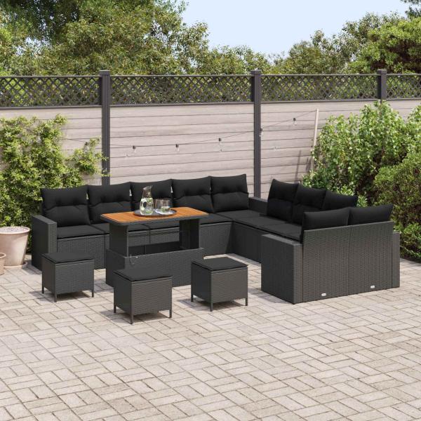 14-teiliges Garten Sofa Set mit Kissen Schwarz Poly-Rattan, 4-teiliges Garten Esstisch Set mit Kissen Schwarz Poly-Rattan
