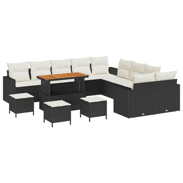 14-teiliges Garten-Sofa-Set mit Kissen Schwarz Poly Rattan Akazie, 4-teiliges Garten-Dining-Set mit Kissen Schwarz Poly Rattan Akazie