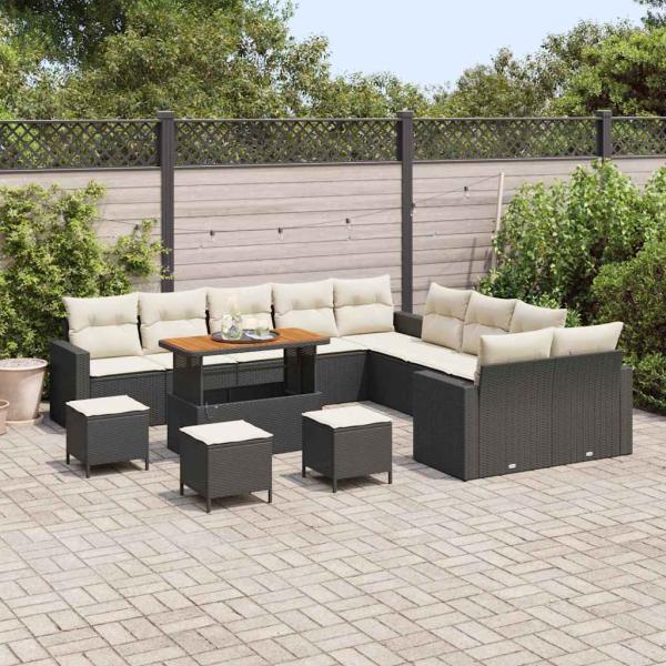 14-teiliges Garten-Sofa-Set mit Kissen Schwarz Poly Rattan Akazie, 4-teiliges Garten-Dining-Set mit Kissen Schwarz Poly Rattan Akazie