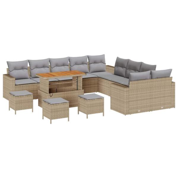 14-teiliges Garten-Sofa-Set mit Kissen Beige Poly-Rattan Akazie, 4-teiliges Garten-Ess-Set mit Kissen Beige Poly-Rattan Akazie