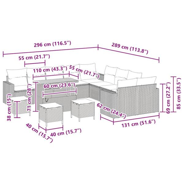 14-teiliges Garten-Sofa-Set mit Kissen Beige Poly-Rattan Akazie, 4-teiliges Garten-Ess-Set mit Kissen Beige Poly-Rattan Akazie