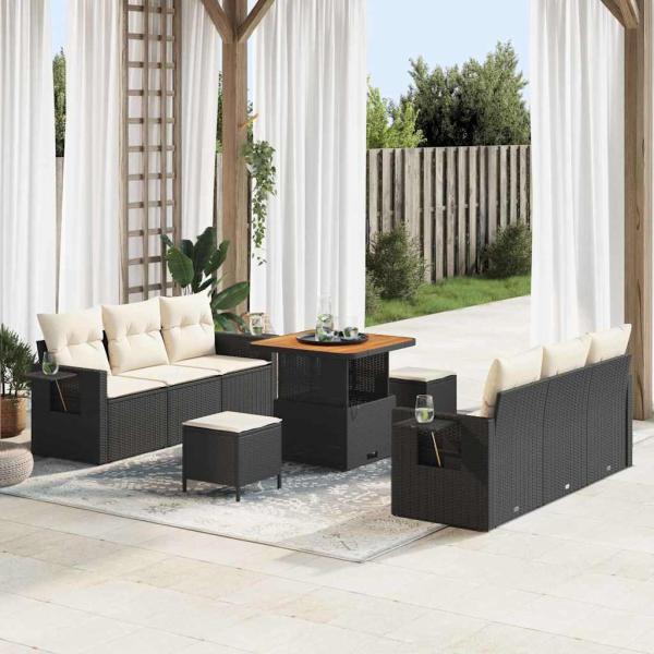 ARDEBO.de - 9-teiliges Garten Sofa Set mit Kissen, schwarzer Poly Rattan Akazie, 3-teiliges Garten Esszimmer Set mit Kissen, schwarzer Poly Rattan Akazie