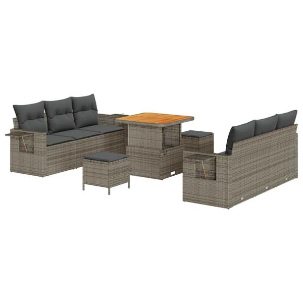 9-teiliges Garten Sofa Set mit Kissen Grau Poly Rattan Akazie, 3-teiliges Garten Esszimmer Set mit Kissen Grau Poly Rattan Akazie
