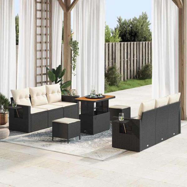ARDEBO.de - 9-teiliges Garten-Sofa-Set mit Kissen Schwarz Poly Rattan Akazie, 3-teiliges Garten-Ess-Set mit Kissen Schwarz Poly Rattan Akazie
