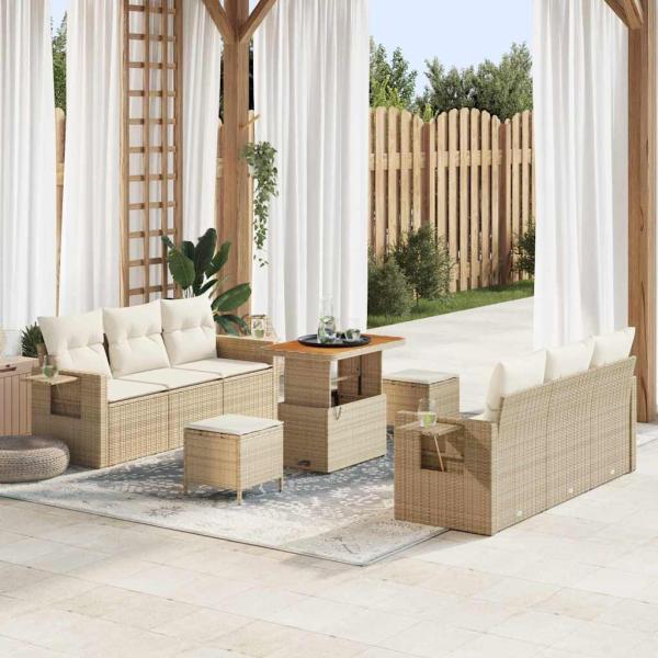 ARDEBO.de - 9-teiliges Garten Sofa Set mit Kissen Beige Poly Rattan Akazie, 3-teiliges Garten Essset mit Kissen Beige Poly Rattan Akazie