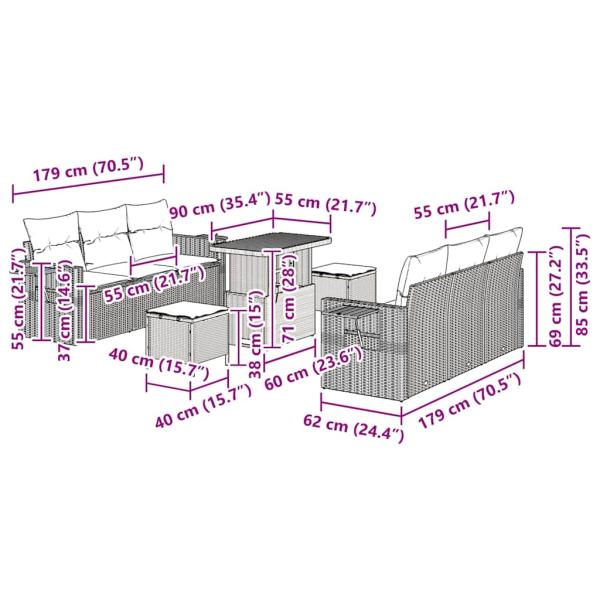 Gartensofa-set mit Kissen 9 pcs Beige Poly-Rattan