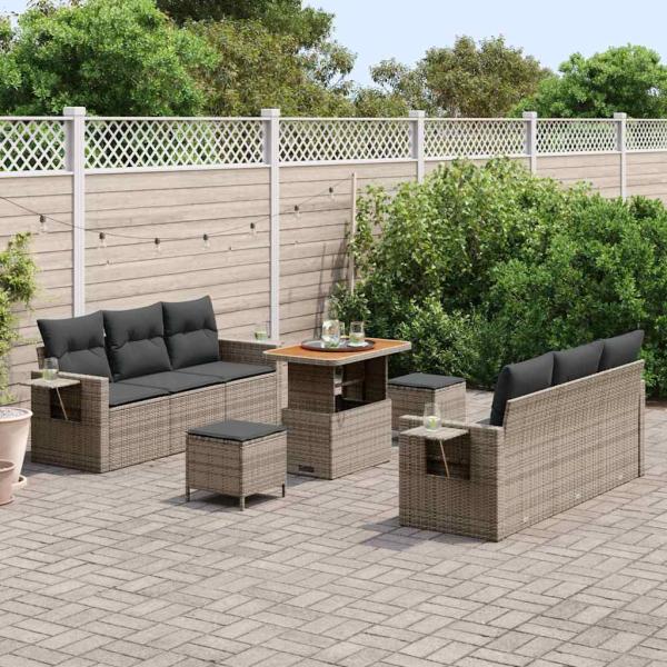 9-teiliges Garten Sofa Set mit Kissen Grau Poly Rattan Akazie, 3-teiliges Garten Essset mit Kissen Grau Poly Rattan Akazie