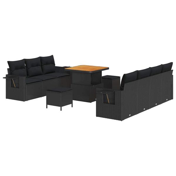 10-teiliges Garten Sofa Set mit Kissen Schwarz Poly Rattan Akazie, 3-teilige Garten Essgruppe mit Kissen Schwarz Poly Rattan Akazie