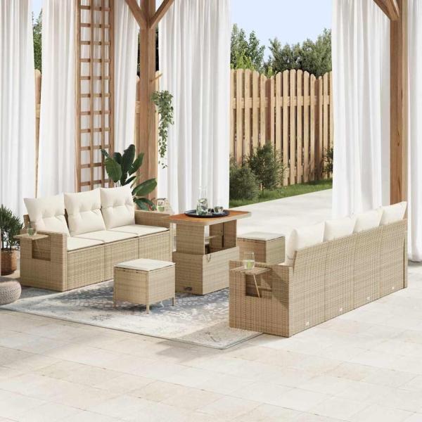 ARDEBO.de - 10-teiliges Garten Sofa Set mit Kissen Beige Poly-Rattan Akazie, 3-teiliges Garten Esstisch Set mit Kissen Beige Poly-Rattan Akazie