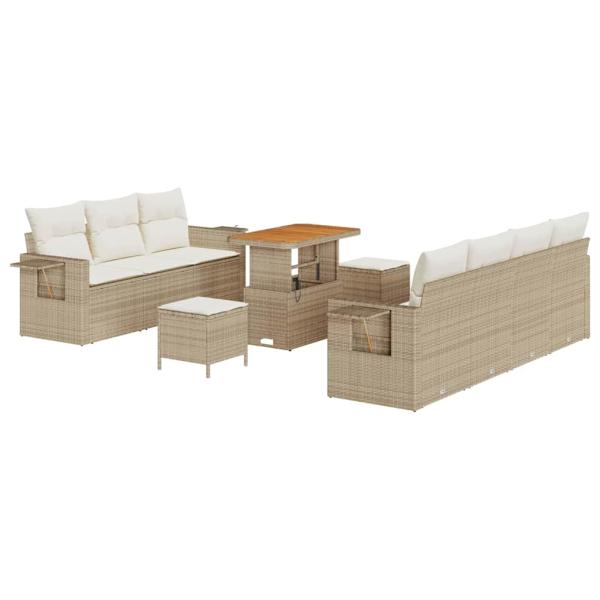 10-teiliges Garten Sofa Set mit Kissen Beige Poly-Rattan Akazie, 3-teiliges Garten Esstisch Set mit Kissen Beige Poly-Rattan Akazie