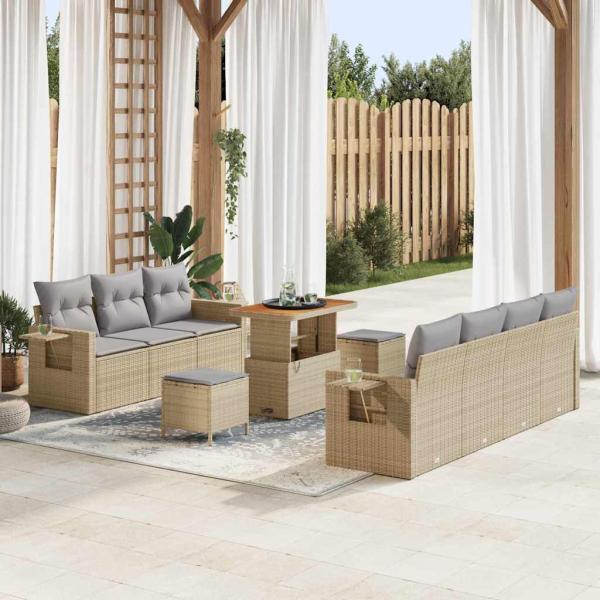 ARDEBO.de - 10-teiliges Garten Sofa Set mit Kissen Beige Poly Rattan, 3-teiliges Garten Ess Set mit Kissen Beige Poly Rattan