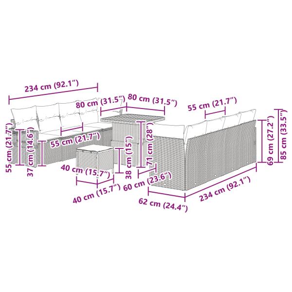 11-teilige Garten Sofa Set mit Kissen Schwarz Poly Rattan Akazie, 3-teilige Garten Esstisch Set mit Kissen Schwarz Poly Rattan Akazie