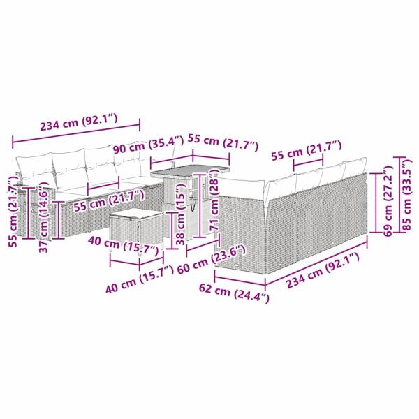 Gartensofa-set mit Kissen 11 pcs Beige Poly Rattan