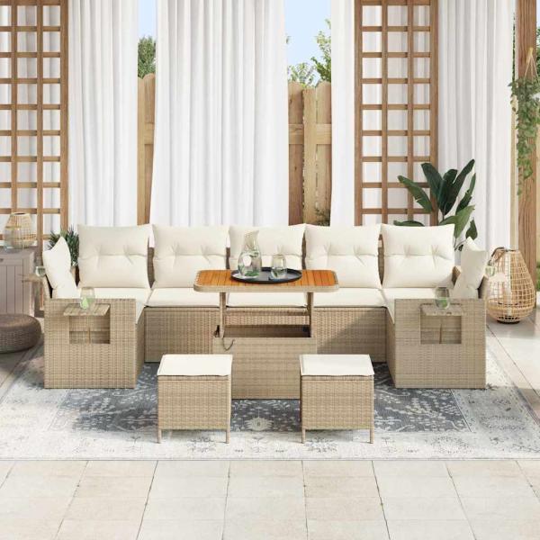 10-teiliges Garten Sofaset mit Kissen, Beige, Poly Rattan, Akazie, 3-teiliges Garten Essset mit Kissen, Beige, Poly Rattan, Akazie