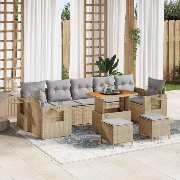 ARDEBO.de - 10-teiliges Garten-Sofa-Set mit Kissen Beige Poly Rattan Akazie, 3-teiliges Garten-Ess-Set mit Kissen Beige Poly Rattan Akazie