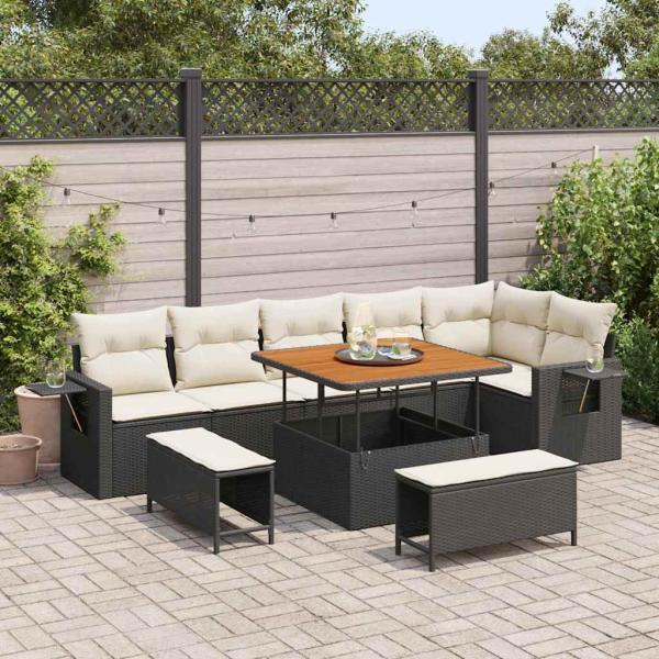 ARDEBO.de - 9-teiliges Garten Sofa Set mit Kissen Schwarzes Poly Rattan Akazie, 3-teiliges Garten Ess-Set mit Kissen Schwarzes Poly Rattan Akazie