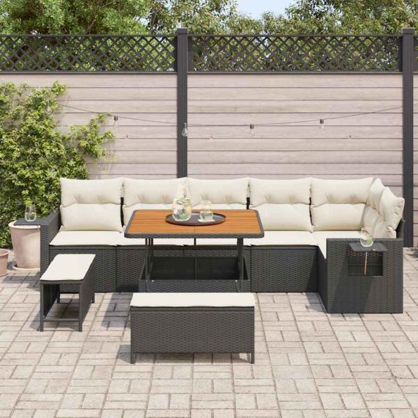 9-teiliges Garten Sofa Set mit Kissen Schwarzes Poly Rattan Akazie, 3-teiliges Garten Ess-Set mit Kissen Schwarzes Poly Rattan Akazie