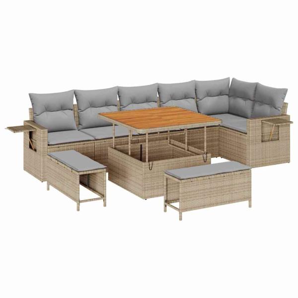 9-teiliges Garten-Sofa-Set mit Kissen Beige Poly Rattan Akazie, 3-teiliges Garten-Ess-Set mit Kissen Beige Poly Rattan Akazie