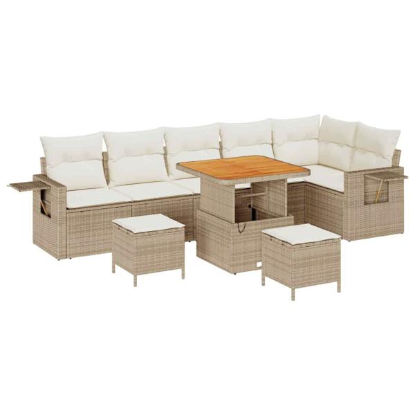 9-teiliges Garten-Sofa-Set mit Kissen Beige Polyrattan Akazie, 3-teiliges Garten-Ess-Set mit Kissen Beige Polyrattan Akazie