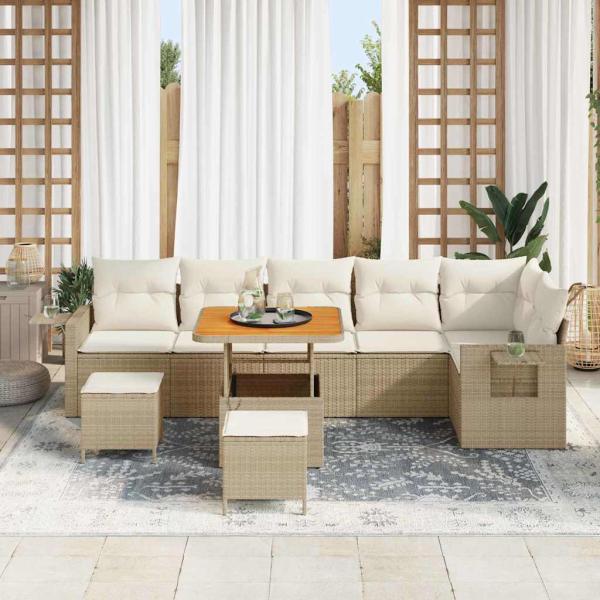 9-teiliges Garten-Sofa-Set mit Kissen Beige Polyrattan Akazie, 3-teiliges Garten-Ess-Set mit Kissen Beige Polyrattan Akazie