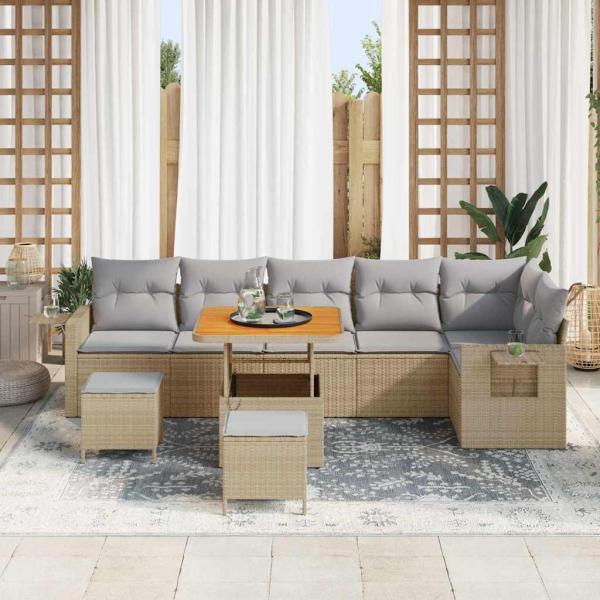 9-teilige Garten-Sofa-Set mit Kissen Beige Poly-Rattan Akazie,  3-teiliges Garten-Dining-Set mit Kissen Beige Poly-Rattan Akazie