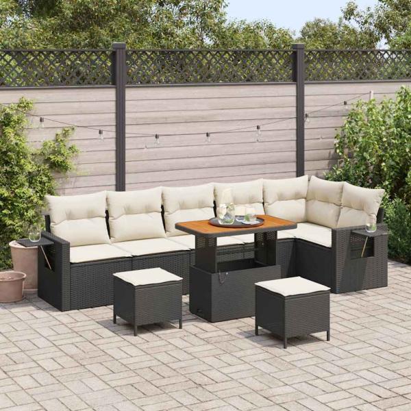 ARDEBO.de - 9-teiliges Garten Sofa Set mit Kissen Schwarz Poly Rattan Akazie, 3-teiliges Garten Essset mit Kissen Schwarz Poly Rattan Akazie