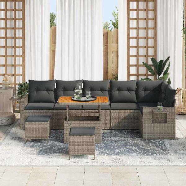 9-teiliges Garten-Sofa-Set mit Kissen Grau Poly-Rattan Akazie, 3-teiliges Garten-Ess-Set mit Kissen Grau Poly-Rattan Akazie