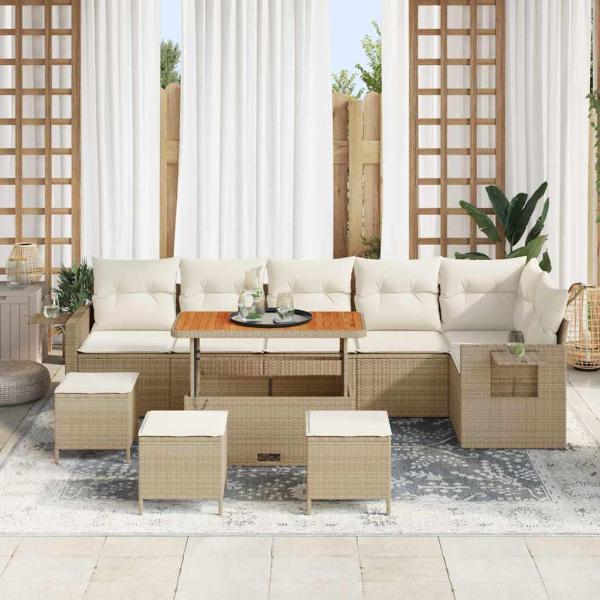 10-teiliges Garten Sofa Set mit Kissen Beige Poly Rattan Akazie, 4-teiliges Garten Esszimmer Set mit Kissen Beige Poly Rattan Akazie