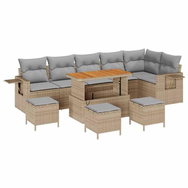 10-teiliges Garten Sofa Set mit Kissen Beige Poly Rattan Akazie, 4-teiliges Garten Essset mit Kissen Beige Poly Rattan Akazie