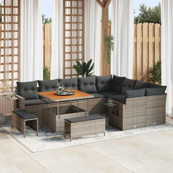 ARDEBO.de - 12-teiliges Garten-Sofa-Set mit Kissen Grau Poly-Rattan Akazie, 3-teiliges Garten-Dining-Set mit Kissen Grau Poly-Rattan Akazie