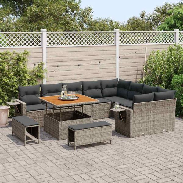 12-teiliges Garten-Sofa-Set mit Kissen Grau Poly-Rattan Akazie, 3-teiliges Garten-Dining-Set mit Kissen Grau Poly-Rattan Akazie