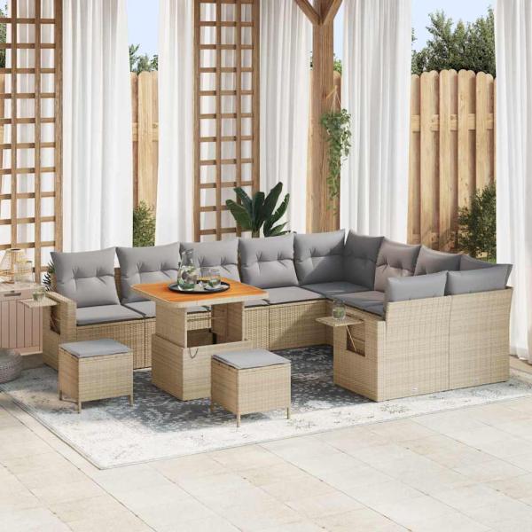 ARDEBO.de - 12-teiliges Garten-Sofa-Set mit Kissen Beige Poly Rattan Akazie, 3-teiliges Garten-Dining-Set mit Kissen Beige Poly Rattan Akazie