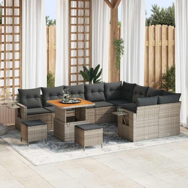 ARDEBO.de - 12-teiliges Garten-Sofa-Set mit Kissen Grau Poly-Rattan Akazie, 3-teiliges Garten-Dining-Set mit Kissen Grau Poly-Rattan Akazie
