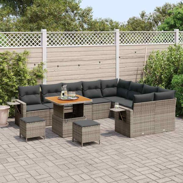 12-teiliges Garten-Sofa-Set mit Kissen Grau Poly-Rattan Akazie, 3-teiliges Garten-Dining-Set mit Kissen Grau Poly-Rattan Akazie