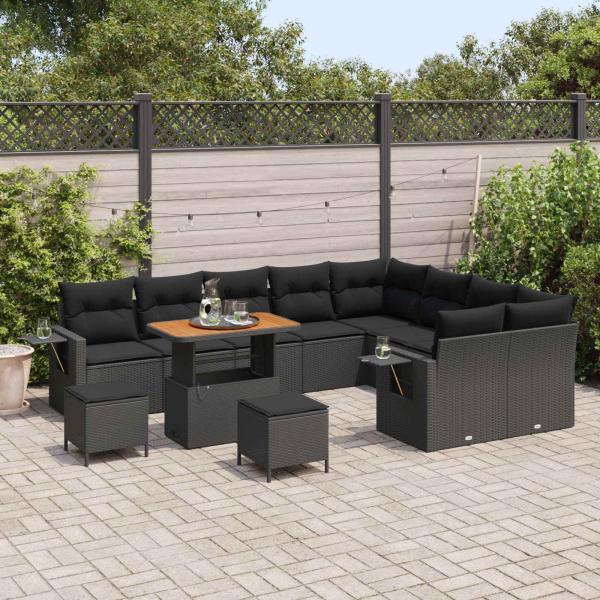 ARDEBO.de - 12-teilige Garten Sofa Set mit Kissen Schwarz Poly Rattan Akazie, 3-teiliges Garten Esszimmer Set mit Kissen Schwarz Poly Rattan Akazie