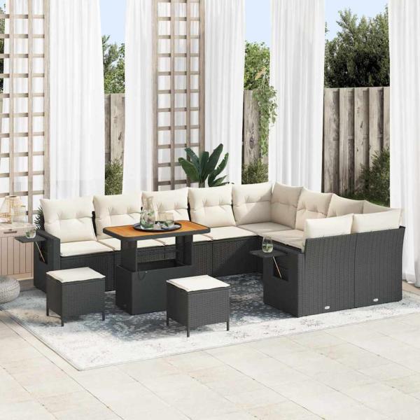 ARDEBO.de - 12-teiliges Garten Sofa Set mit Kissen Schwarz Poly-Rattan Akazie, 3-teiliges Garten Esszimmer Set mit Kissen Schwarz Poly-Rattan Akazie