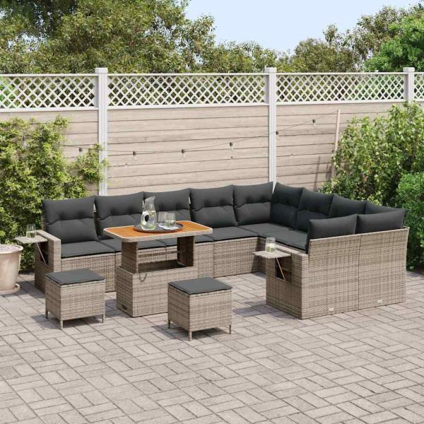ARDEBO.de - 12-teiliges Garten Sofa Set mit Kissen Grau Poly Rattan Akazie, 3-teiliges Garten Essset mit Kissen Grau Poly Rattan Akazie