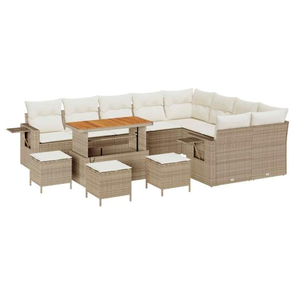 13-teilige Garten Sofagarnitur mit Kissen Beige Poly Rattan Akazie, 4-teiliges Garten Essset mit Kissen Beige Poly Rattan Akazie