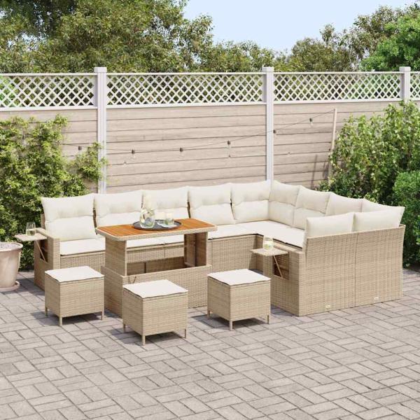 13-teilige Garten Sofagarnitur mit Kissen Beige Poly Rattan Akazie, 4-teiliges Garten Essset mit Kissen Beige Poly Rattan Akazie