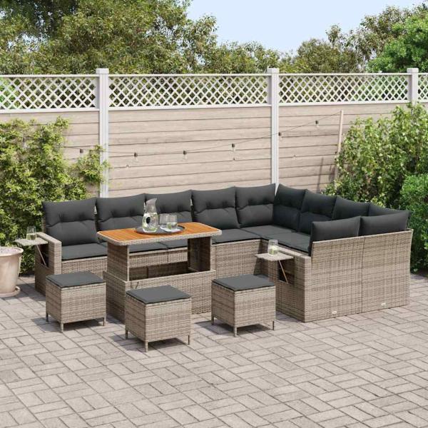 13-teiliges Garten Sofa Set mit Kissen Grau Poly Rattan Akazie, 4-teiliges Garten Esszimmer Set mit Kissen Grau Poly Rattan Akazie