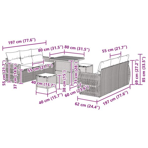 9-teiliges Garten Sofa Set mit Kissen Schwarzes Poly Rattan Akazie, 3-teiliges Garten Ess Set mit Kissen Schwarzes Poly Rattan Akazie