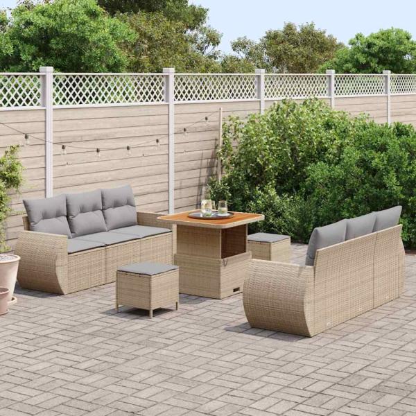 9-teiliges Garten Sofa Set mit Kissen Beige Poly Rattan Akazie, 3-teiliges Garten Essset mit Kissen Beige Poly Rattan Akazie