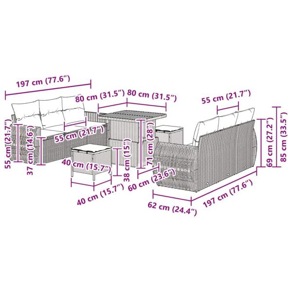 9-teiliges Garten Sofa Set mit Kissen Grau Poly Rattan Akazie, 3-teiliges Garten Essset mit Kissen Grau Poly Rattan Akazie