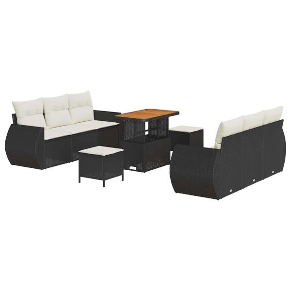 9-teiliges Garten-Sofa-Set mit Kissen Schwarz Poly Rattan Akazie, 3-teiliges Garten-Ess-Set mit Kissen Schwarz Poly Rattan Akazie