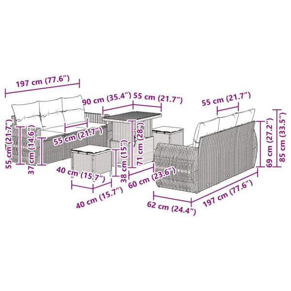 9-teiliges Garten-Sofa-Set mit Kissen Schwarz Poly Rattan Akazie, 3-teiliges Garten-Ess-Set mit Kissen Schwarz Poly Rattan Akazie